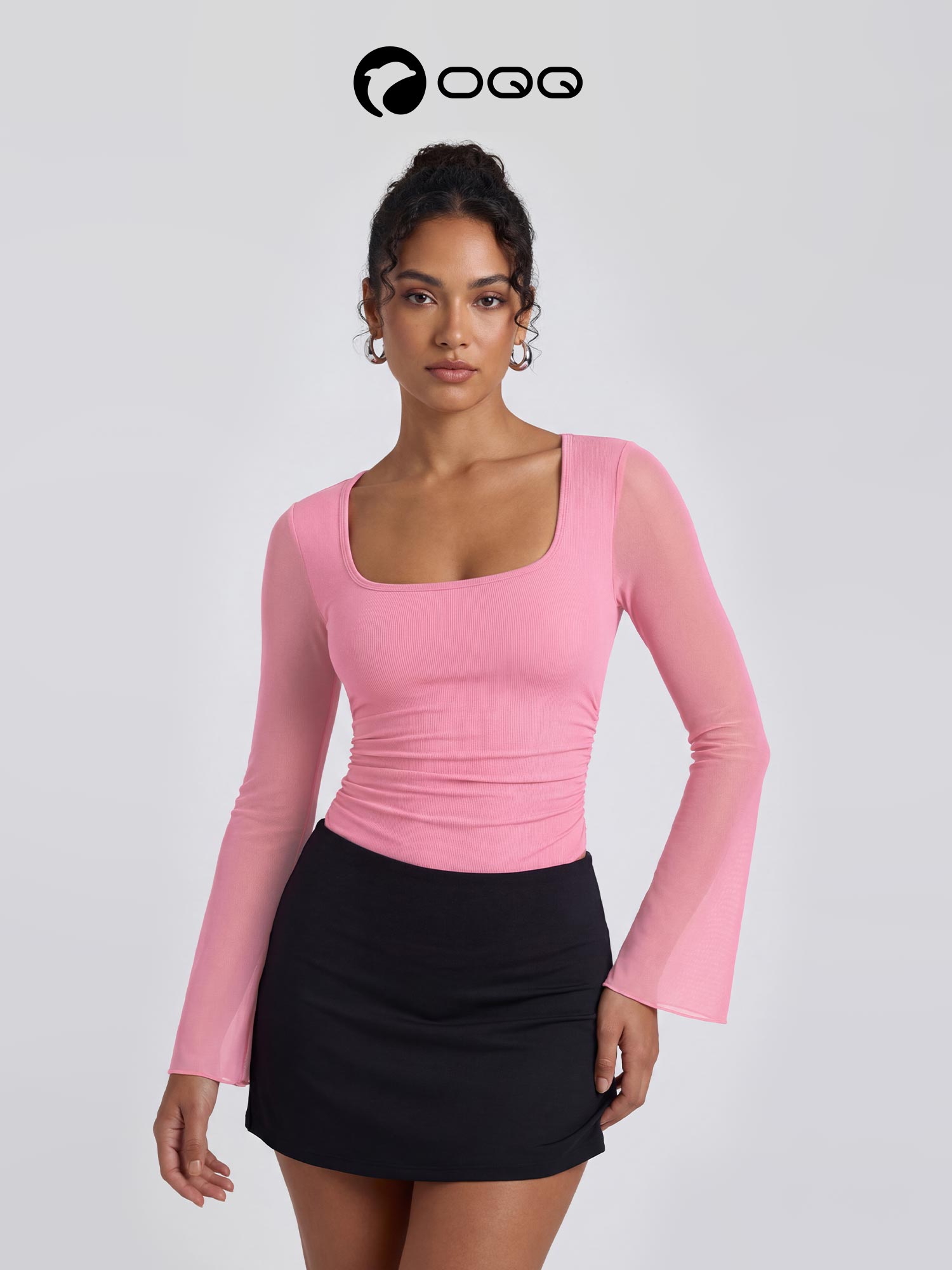 OQQ-Nine cents Women's Square Neck Body Suit Sheer Mesh Flared Long Sleeve Bodysuit Shirt Tops Womenswear Stretchy Fabric Shapewear Basic Slim SpringStatements