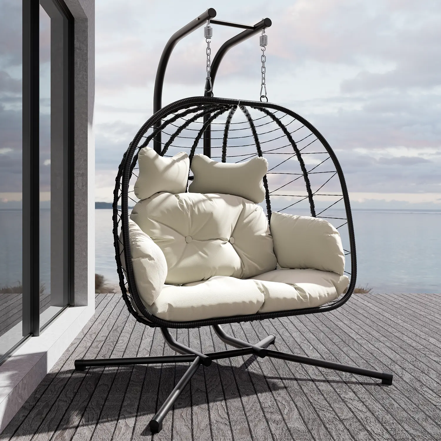 RIWENGO Double Hanging Egg Chair with Cushion, 700lbs Capacity - Foldable Patio Chair with Handwoven PE Wicker & Rust-Proof Frame, for Garden, Porch, Backyard Soft Lounge Swing