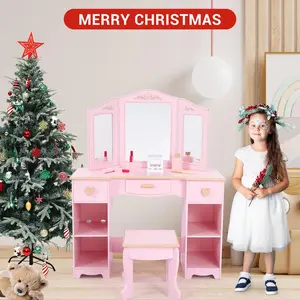 Vanity Table with Tri-Folding Mirror and Stool,Vanity Set with Mirror and Drawers for Kid Age 4-9,Pink