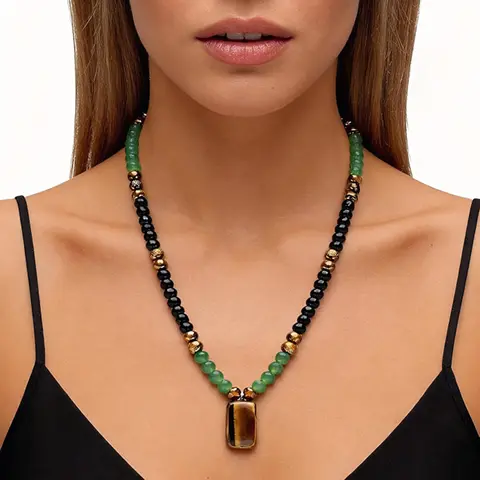 Sicbumi Triple Protection Natural Crystal Beaded Long Chain Necklace - Unisex, Tiger's Eye, Green Onyx, Obsidian, Natural Stone Pendant, for Daily Wear