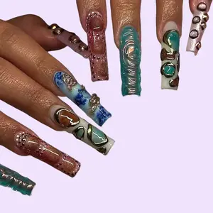 Aura Nails - Luxury 3D Abstract Press On Nails, Unique Sculpted Aqua and Metallic Nail Art, Aesthetic Opal Sculpted Gold Press On, Luxury Boho Fake Nails