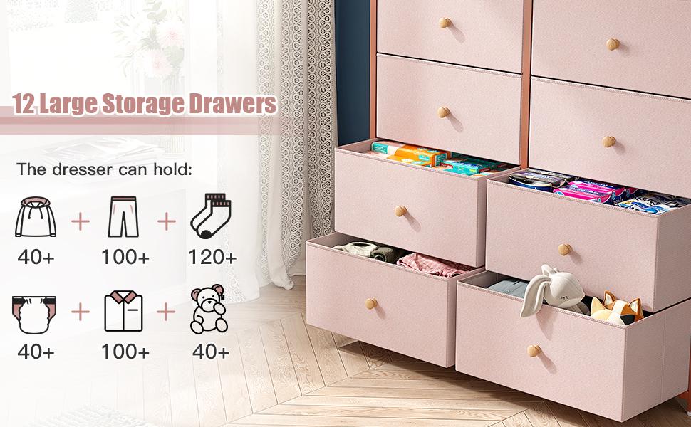 Raybee Furniture Dresser with 12 Drawers, Wooden Top Metal Frame Fabric Storage Organizer, For Dressing Room, Bedroom, Closet, Entryway, Living Room cabinets