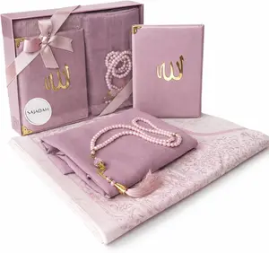 SAJADAH Muslim Prayer Rug Set - 4 in One Islamic Gifts Set, Prayer Mat, Prayer Beads, Hijab, Surahs Book,Eid Gifts