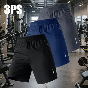 Three-piece men's sports and leisure shorts, the first choice for fitness, solid color breathable and quick-drying style with zipper pocket and waist drawstring, suitable for outdoor activities and fitness training, reflective strip design