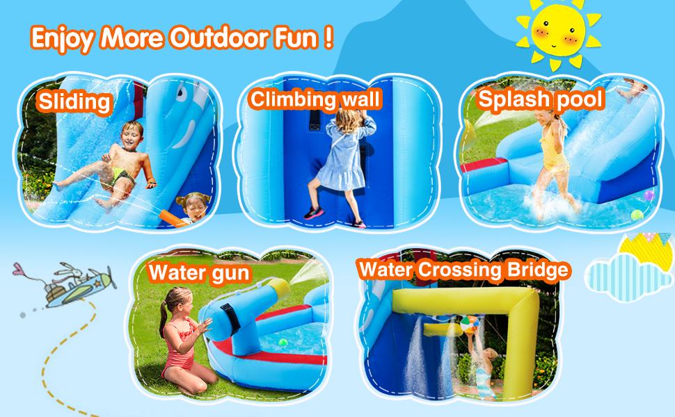Inflatable Bounce House with Water Slide Bouncer Playhouse Castle Splash Pool Climbing Wall Basketball Hoop Carry Bag 480W Air Blower for Kids Backyard Indoor Outdoor Use Free Water Gun