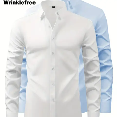 Veiskor Men's 2-Pack Bamboo Fiber Chic Light Luxury Classic Cut Dress Shirts - Button-Up, Non-Iron, Ice Silk Smooth Fitted Long Sleeves, Ideal for Office, Business Wear