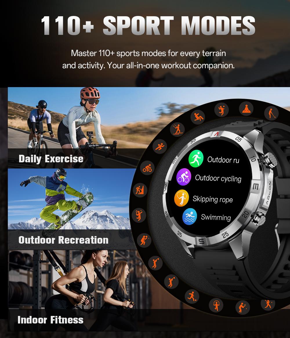 Aolon GT6 Pro Spring rugged outdoor smartwatch with 1.51" AMOLED display, LED flashlight & precision compass. Bluetooth calling, heart rate & fitness tracking, 5-button control, 500mAh battery up to 60 days, 1ATM & IP68 water-resistant.