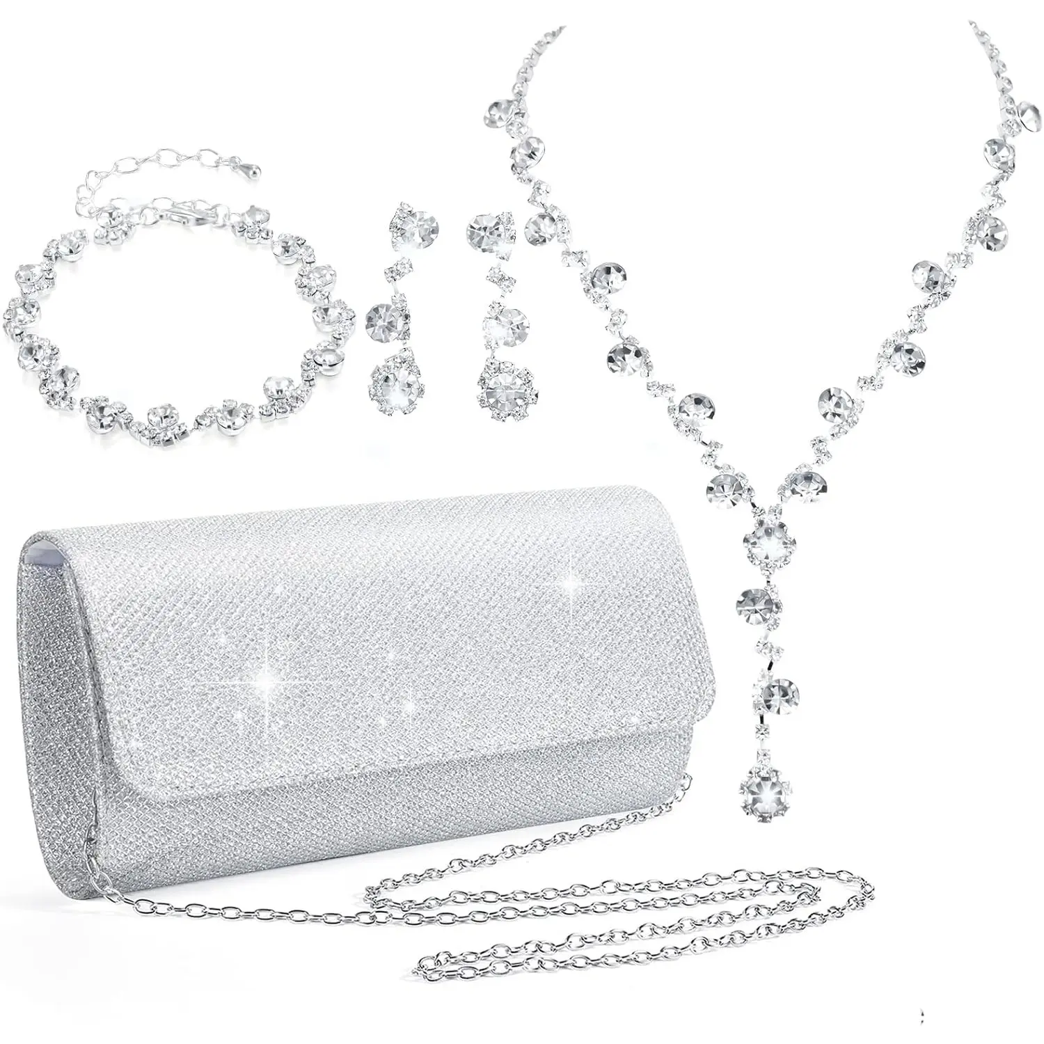 Women Clutch Purse Jewelry Set, 4PCS Evening Rhinestone Purse and Accessories, Great For Birthday, Party, Christmas, Wedding Anniversary Bling Chain
