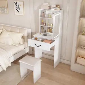 Luxury Dressing Table with LED-lit Mirror and Hidden Storage, Padded Stool, Adjustable Brightness Vanity Desk, Multi-tier Dust-proof Shelves, White RGB Lights, Power Strip High Capacity — for Apartments and Man Cave Furniture criss cross chair bean bag