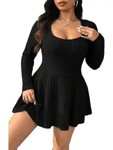 Plus Size Square Neck Long Sleeve Flare Mini Dress with Built-in Shorts for Comfort and Style - Flared, Casual