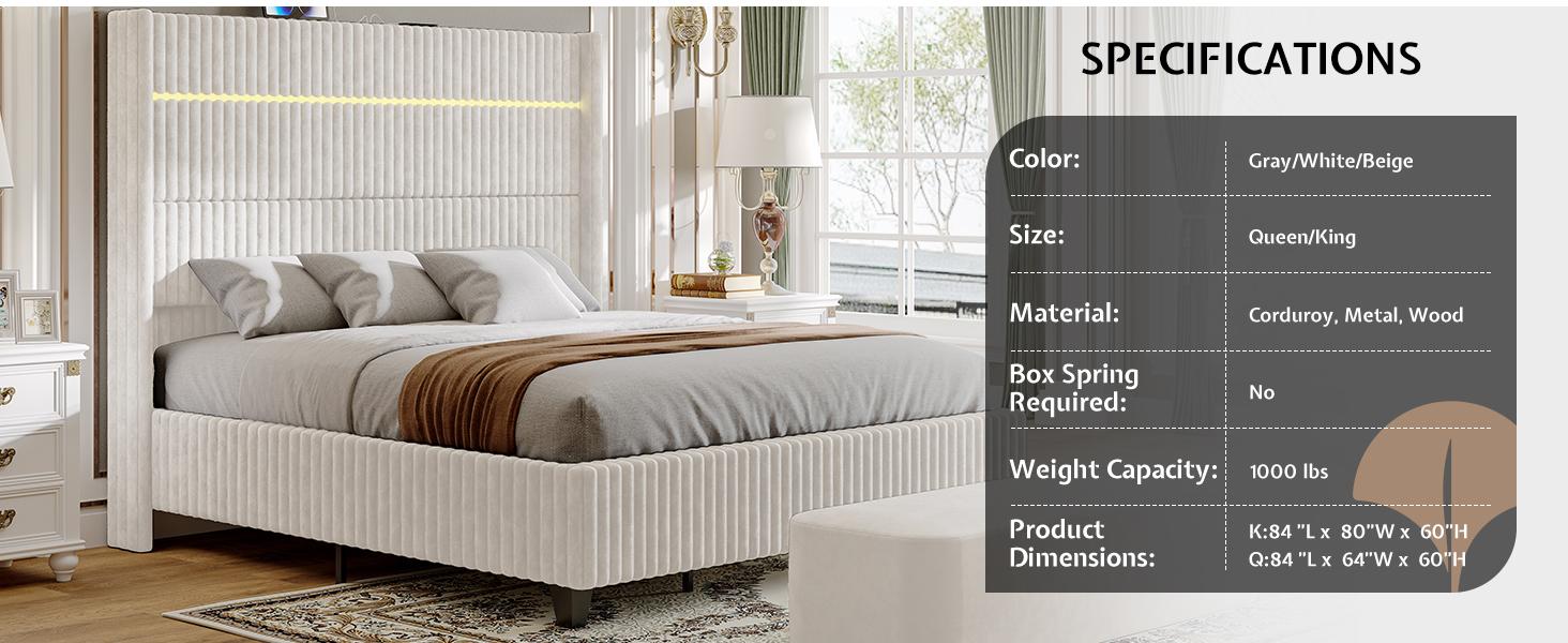 AMERLIFE Bed Frame with LED Lights Charging Station, Corduroy Upholstered Platform Bed Frame with 60" Tall Wingback Headboard/No Box Spring Needed,Best Gift Ideas/Christmas Gifts
