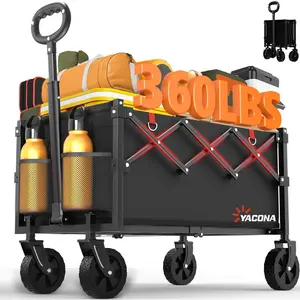 YACONA Wagons Carts Foldable, Lightweight Portable Utility Shopping Cart with Wheels, Folding Grocery Wagon Cart for Grocery, Camping, Shopping, Beach, Garden, Sports Black