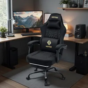 Hoffree Gaming Chair with Speakers and Massage Skin-friendly Gamer Chairs for Adults with Footrest Big and Tall Video Game Chair with Headrest and Lumbar Support for Office and Home Black