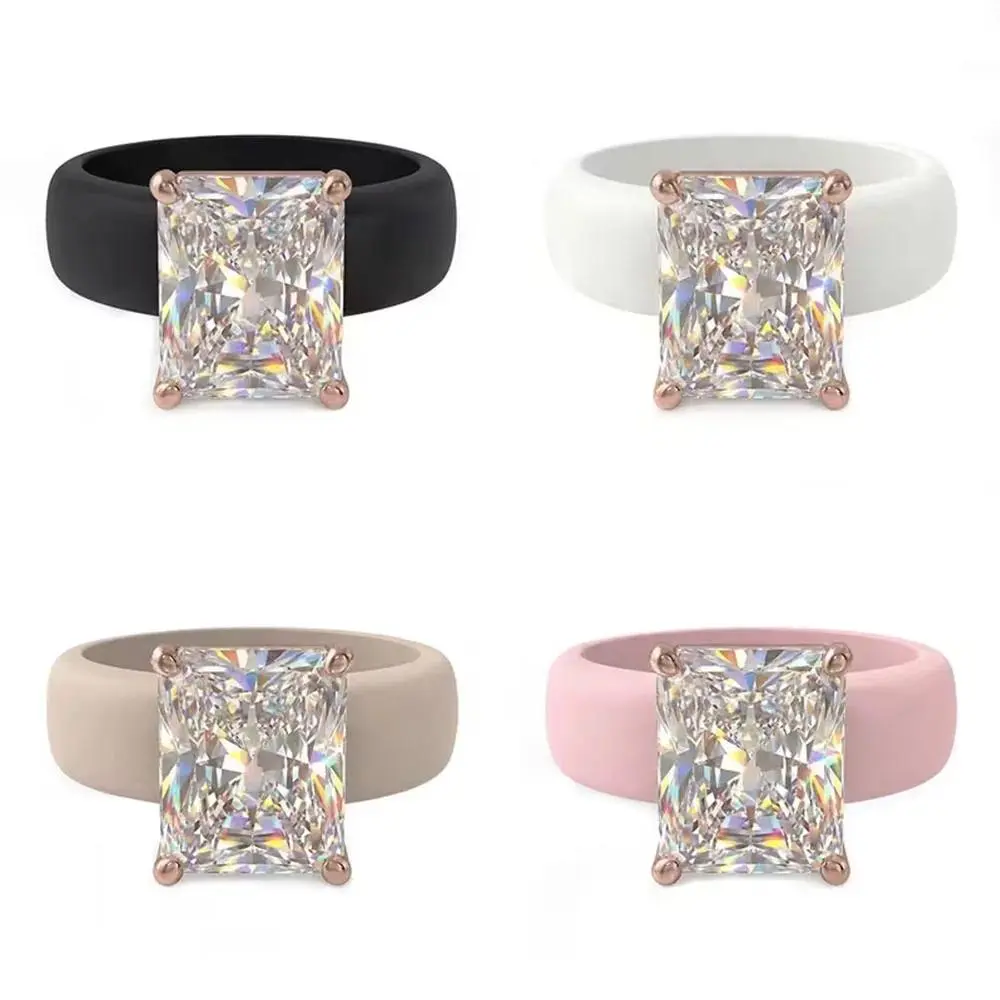Women's Soft Silicone Rectangular Sparkling Crystal Ring - Minimalist Gemstone Band, Everyday Fashion Comfortable Costume Jewelry Accessory