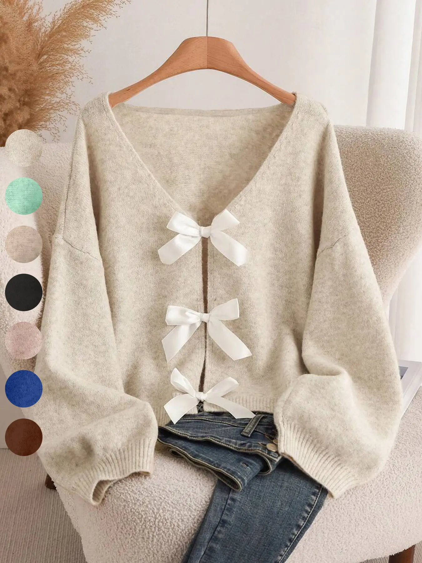 Women's Plain Bow Decor Fitted Soft Knitted Sweater Cardigan, Casual Long Sleeve Knitwear for Spring & Fall, Fashion Women's Knit Clothing for Daily Wear, Womenswear Knitting Everyday, Basic Tops