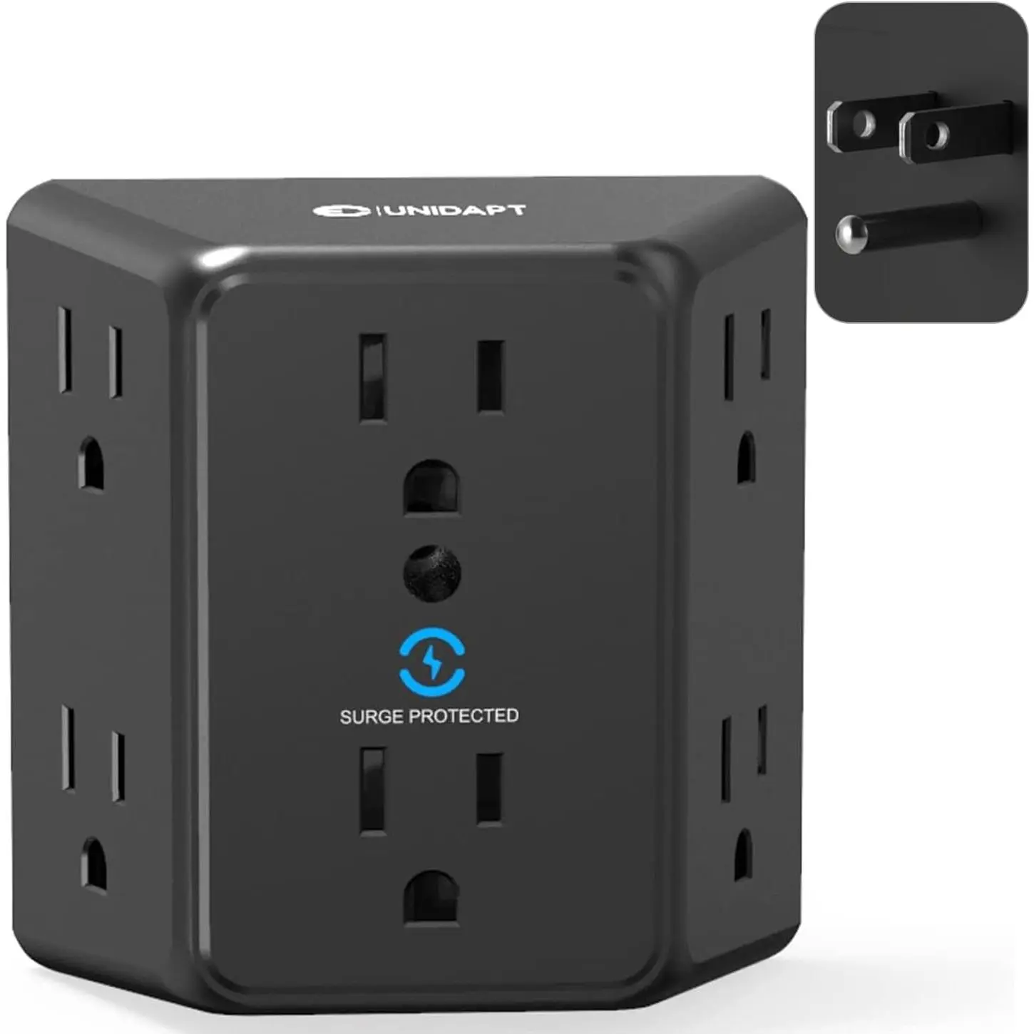 Multi Plug 6 Outlet Extender,  Black Surge Protector Wall Splitter, 900J Power Strip 3 Side Wide Spaced Adapter Multiple Charger Expander, Mountable Wall Tap for Office  Travel ETL Listed