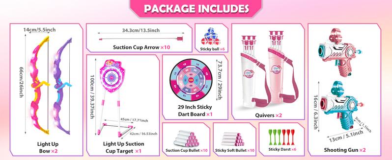 VATOS 2 Pack Bow and Arrow Toy with LED Light - 4 in 1 Archery & Dart Game Set with 20 Suction Cup Arrows, Mermaid Glow Target & Dart Board - Indoor/Outdoor Birthday Gift for Kids Boys Girls Ages 5-12