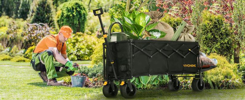 VIVOHOME 48''L Extended Collapsible Wagon Cart with 440lbs Weight Capacity, Heavy Duty 350L Folding Utility Garden Cart with Extended Tailgate and Big All-Terrain Beach Wheels