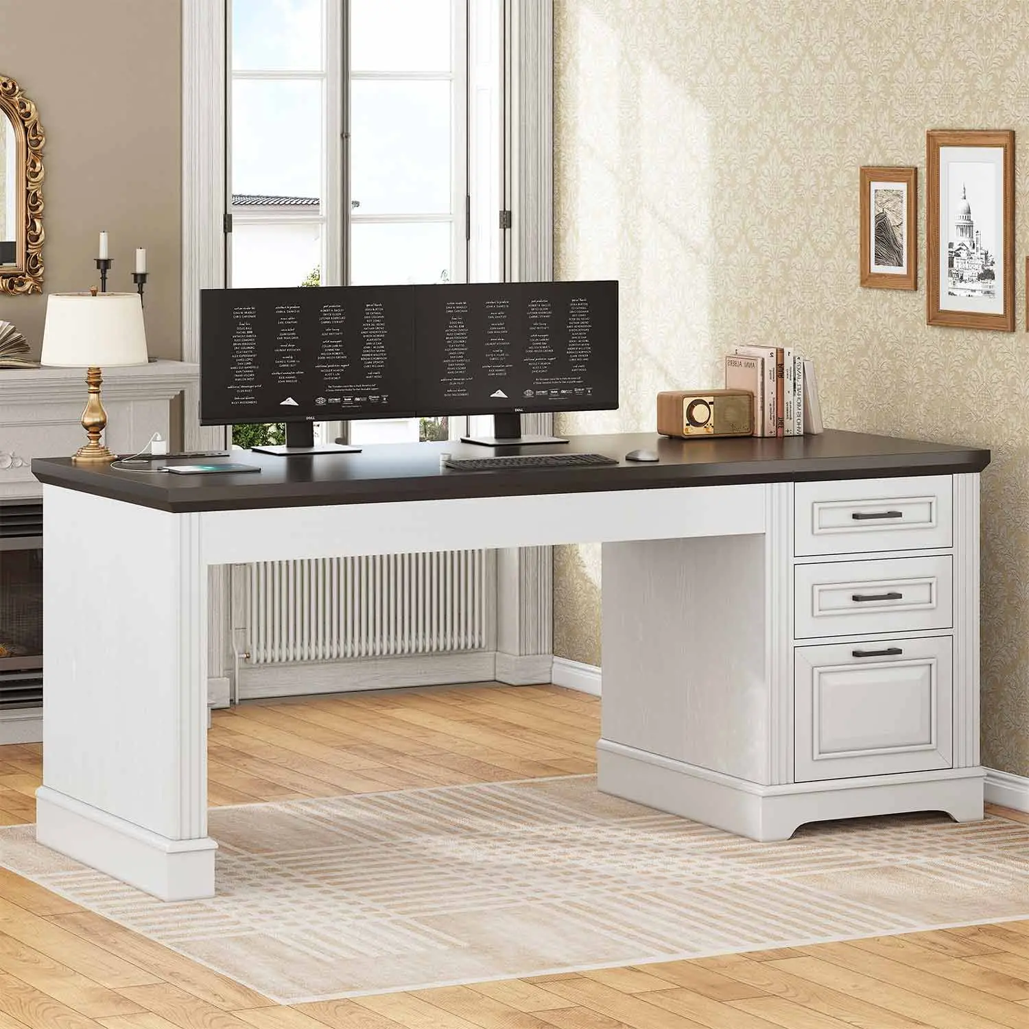 Sedeta 55-in Large Home Office Workstation - Modern Luxury Executive Wood & Metal Computer Desk, 55"l*21.7"w Spacious Desktop Keeps Tools in Reach, Built-in Outlets, Storage Drawer Platform, Sturdy Frame, Assembly Required