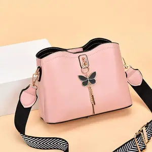Elegant Butterfly Tassel Pendant Shoulder Bag for Women Leather Cross Body Bucket Bag with Adjustable Shoulder Strap for Everyday Style