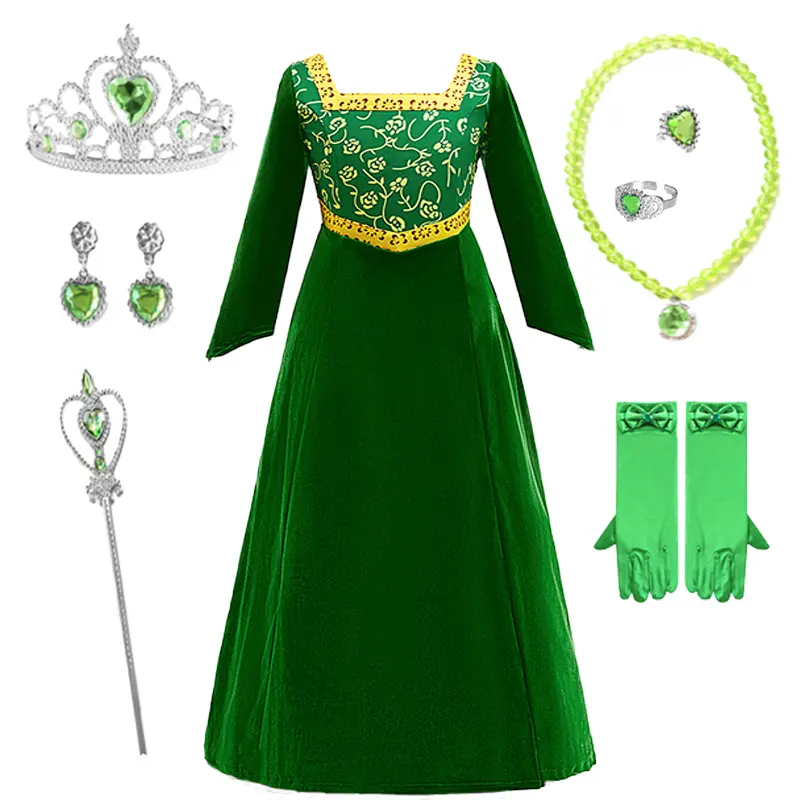 Girls' Shrek Princess Fiona Green Dress Halloween Cosplay Costume Set 01 - Includes Dress + All Accessories, Crown