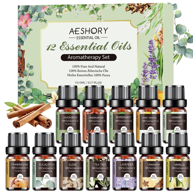 Essential Oils Set -12Pcs*5ML AromatherapyEssential Oil Kit for Diffuser, Humidifier,Aromatherapy, Massage, Soap, Candle Making(5mL) Healthcare Weliness ldeal for Birthday,Thanksgiving, Christmas Gifts