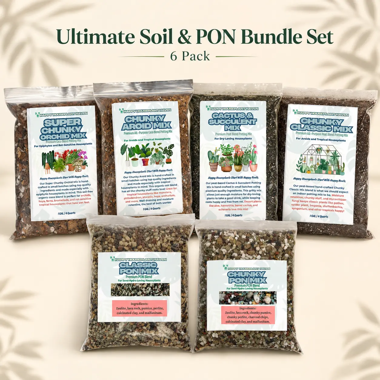 Chunky Soil & PON Bundle Set, 6 Pack 1GAL and 2GAL Sets – Premium Chunky Houseplant Potting Mixes & Mineral PON for Aroids, Orchids, Succulents & Semi-Hydro