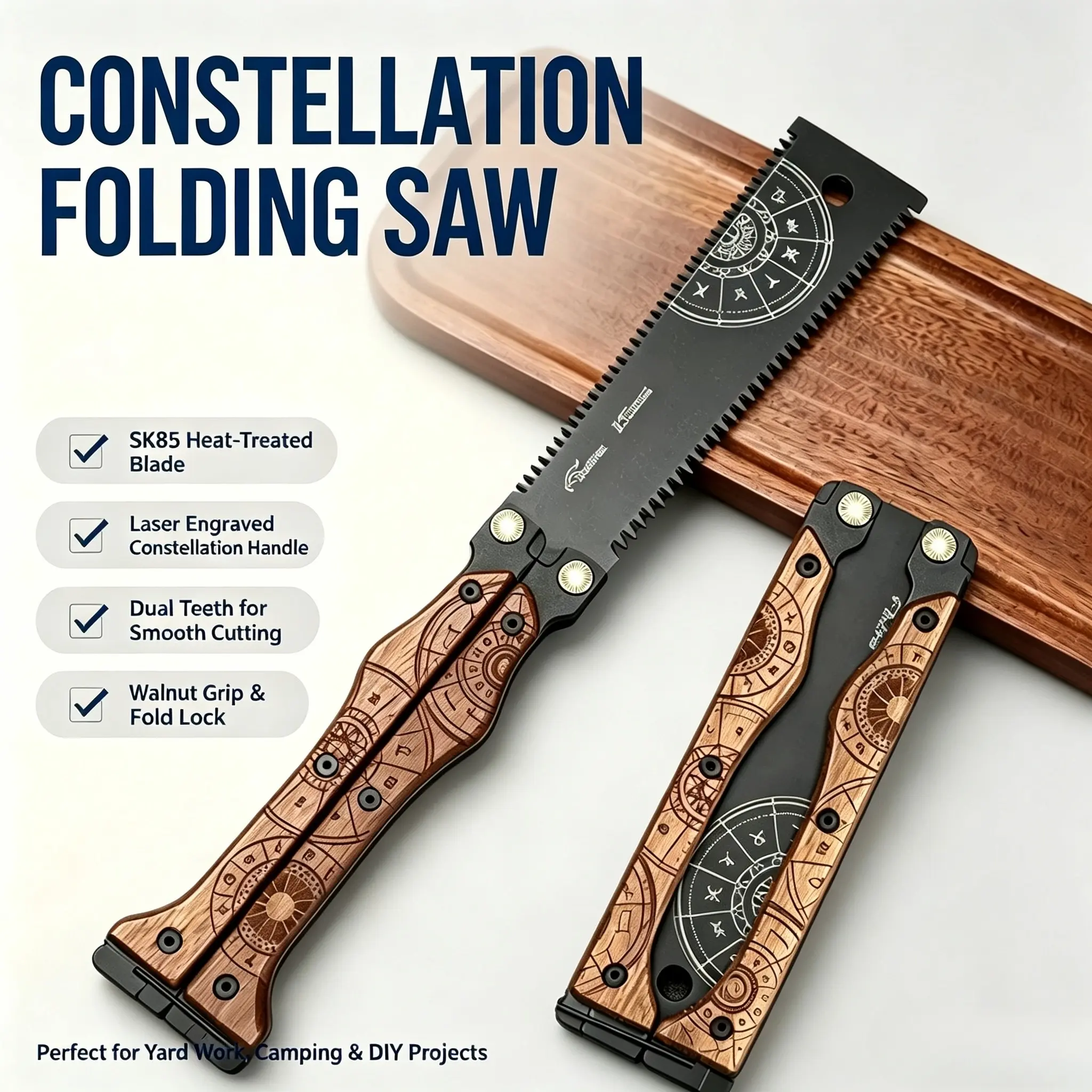 ZODIAC ENGRAVED POCKET FOLDING SAW，Solid Walnut Wood Handle，SK85 High Carbon Steel Blade,   Woodworking, Camping & DIY Projects