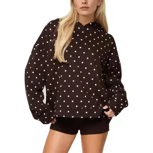 Women's Oversized Polka Dot Fleece Hoodie Long Sleeve Drop Shoulder Graphic Print with Pocket Brown Cozy Loungewear Sweatshirts for Daily Wear Casual Outfits