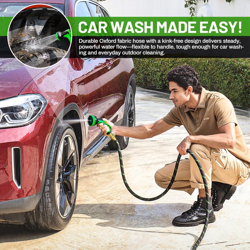 LOVFEN Garden Hose 100 Ft, Kink Free Flexible Water Hose With 10-Pattern Spray Nozzle, Lightweight Hose Pipe, Leak Proof, 3/4" Swivel Connectors, Super Fabric, Portable Storage Strap