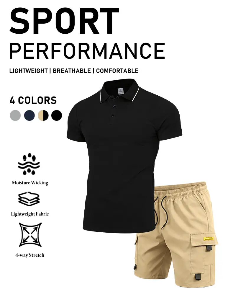 Men’s high-performance moisture-wicking set, quick-dry golf shirt and athletic shorts with pockets, Polyester Clothing, Golfing, Matching Activewear Set, Sport Ready