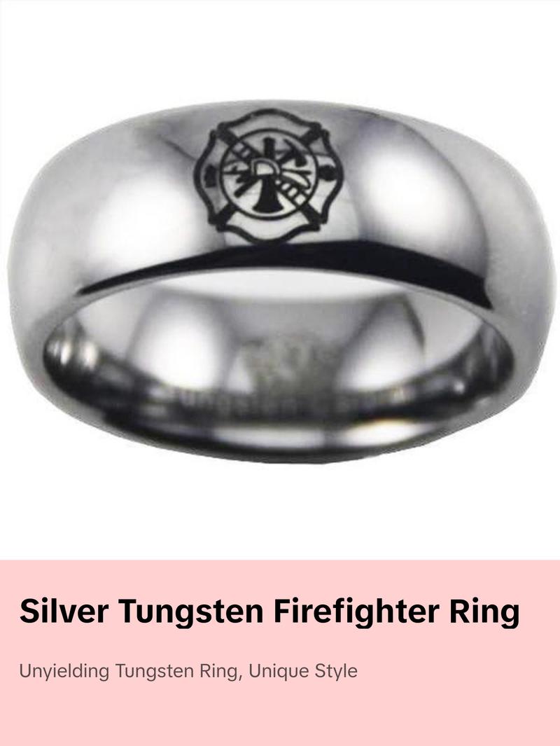 Silver Tungsten Firefighter's Black Logo Ring