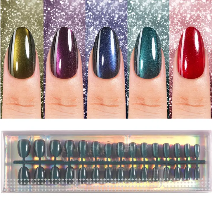 150Pcs Cat Eye Press on Nails, Plauva Short Oval Cat Eye Nail Tips, Glossy Glitter Fake Nails, Soft Gel Stick On Nails for Women and Girls 15 Sizes