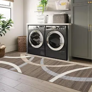 GARVEE Washable Runner Rug 2x6 Abstract Circles Area Rug Non Slip Hallway Runner Rug Low Pile Area Rug Indoor Floor Cover for Bedroom Bathroom Laundry Room, Brwon