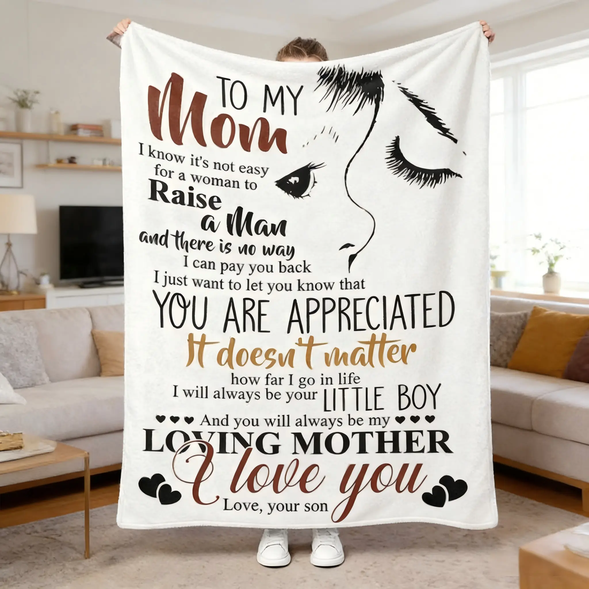 Flannel Slogan Throw Blanket - Multi-Size Soft "To My Mom From Son" Appreciation Gift, Mothers Blanket for Mom's Birthday & Mother's Day, Cozy Bedroom & Couch Piece, Flannel Slogan Blanket