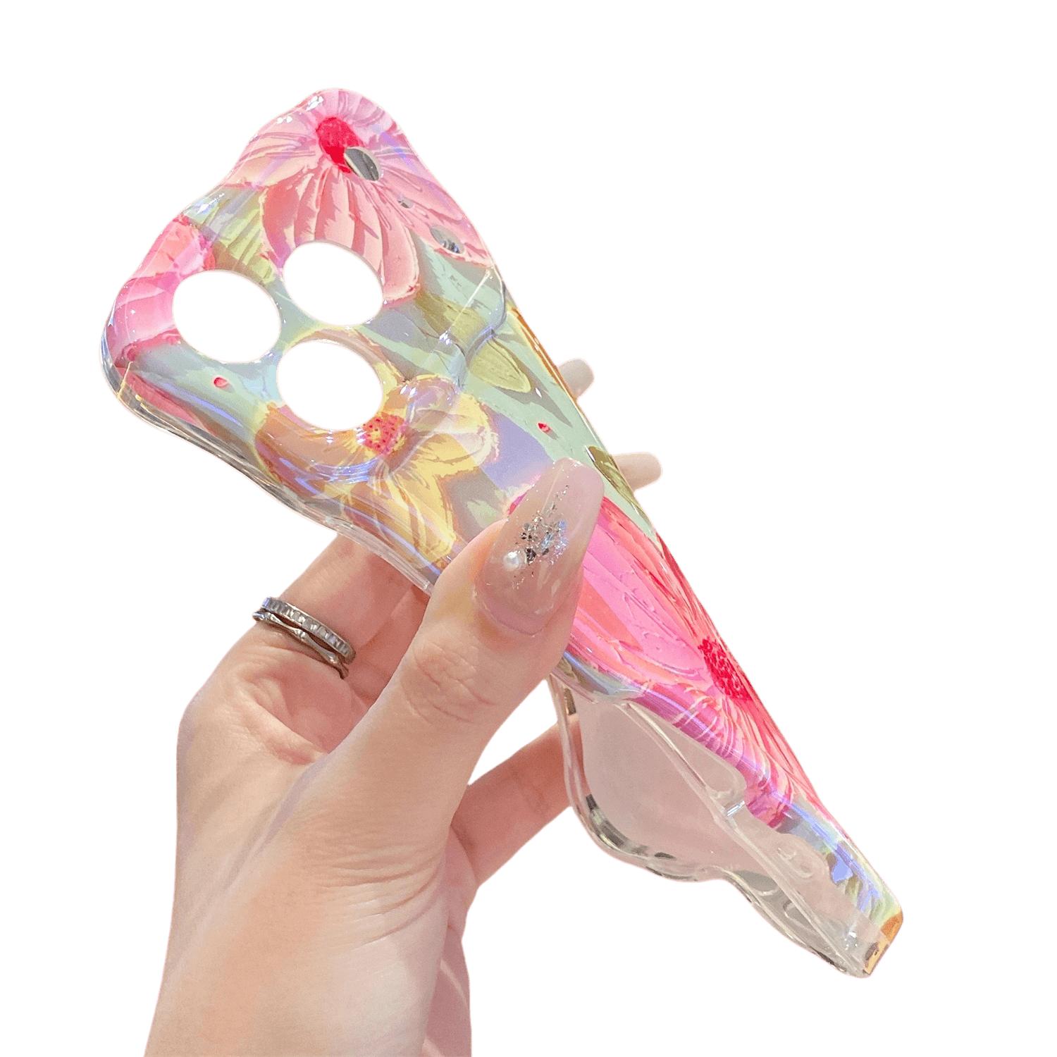 [Free!!Ship!] Retro Colorful Flower Case for iPhone 17 Pro Max 16 Plus 15 14 13 Laser Glossy Cute Curly Wave Frame Shockproof Protective Phone Cover