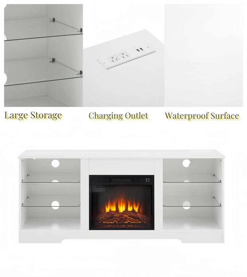 58 Inch Modern TV Stand with Electric Fireplace, LED Light Glass Shelves Entertainment Center, USB Outlets & Storage for TVs up to 65", Living Room TV Console in White