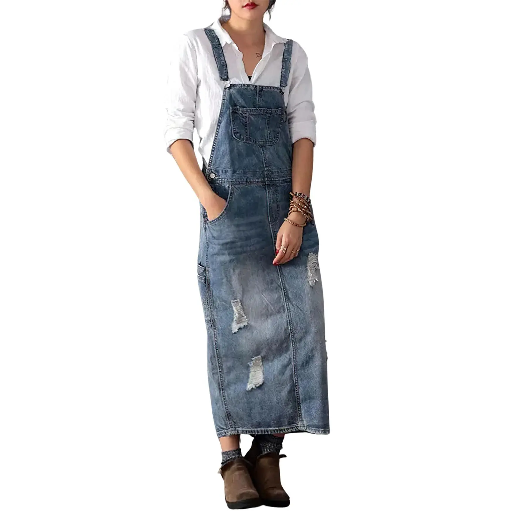 Chouyatou Women's Adjustable Strap Distressed Denim A-Line Pinafore Dress with Split, Tank Top-Blouse Hybrid, Long Sleeve Option, Functional Pocket, Semi Formal, Lightweight, High Waist, Soft, Vintage, Overalls, Women's Clothing, Casual Wear, Crop, Classi