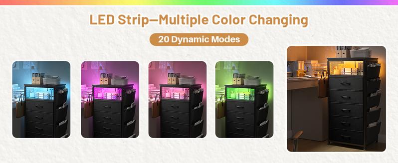 LED Nightstand with Charging Station, USB Port, Power Outlets, Tall Night Stand Set of 2 with 5 Dresser Drawers, Side Table with Side Bag, End Table with Storage Shelf, Bedroom bedroom  furniture