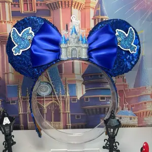 Princess Sequin Glitter Ears Blue Sequin Bow Mouse Ear Headband Handcrafted Sparkly Ears with Soft Grosgrain Ribbon Lining for Comfort and Secure Wear Perfect for Theme Park Days and Special Occasions