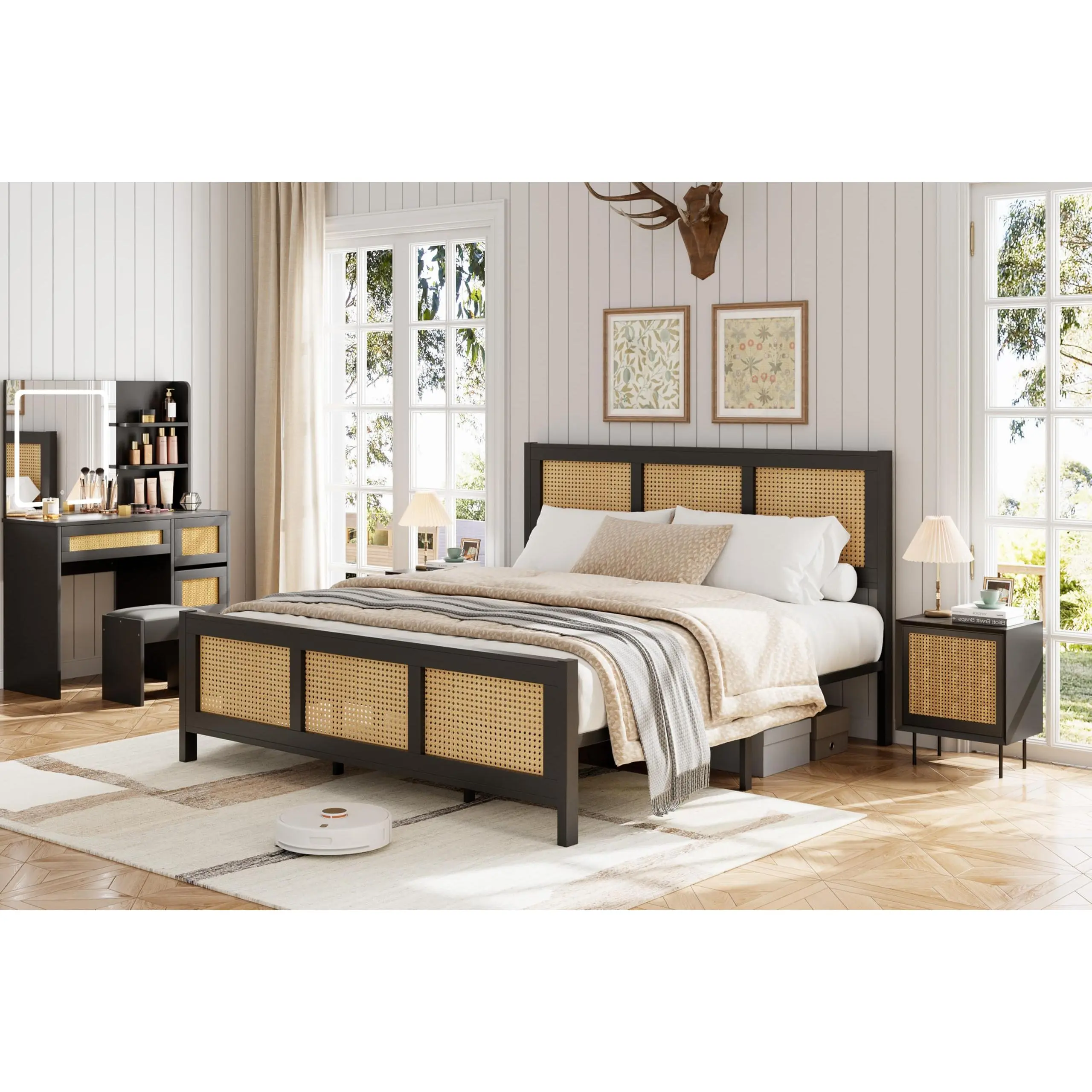 Black Rattan Full Bed Frame with Boho Rattan Headboard and Footboard, Wicker Platform Bed, Strong Metal Slats, No Box Spring Needed, Noise-Free, Underbed Storage, Boho Rattan Footboard
