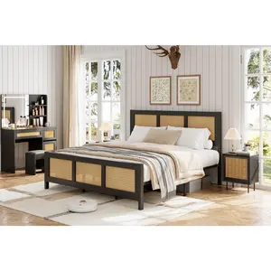Black Rattan Full Bed Frame with Headboard, Boho Platform Bed Frame, Wicker Headboard Bed with Strong Metal Slats, No Box Spring Needed, Noise Free, Underbed Storage