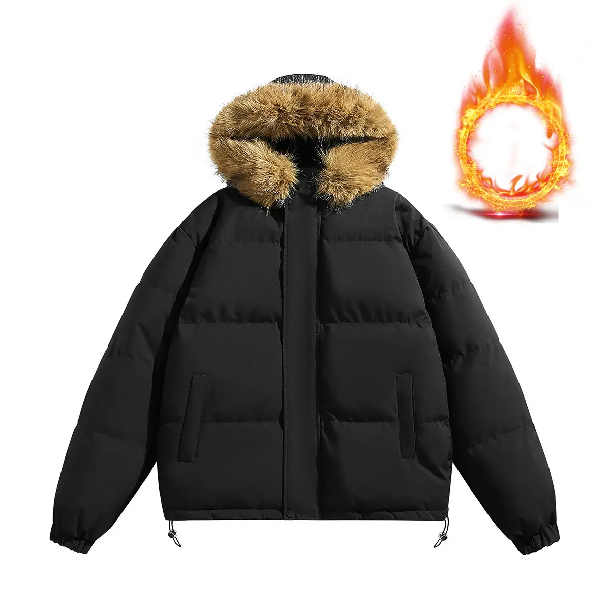 Men's Autumn Winter Woven Fitted Solid-Color Fleece Hooded Coat - Long Sleeves, Decorative Topstitching, Detachable Faux Fur Collar, Retro Casual Style, Warm, Versatile Basics, Hoodie