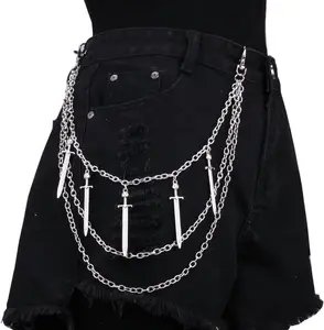 Punk Pants Chain,Gothic Goth Hip Hop Rivet Charm Layered Wallet and Jeans Link Chain, Vintage Rock Jewelry for Men and Women (Sword Layered)