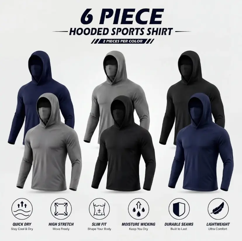 Men UPF 50+ Sun Protection Compression Hoodie 6 Pack Long Sleeve UV Shield Shirt with Face Mask Quick Dry for Fishing Working Hiking Outdoor Activities