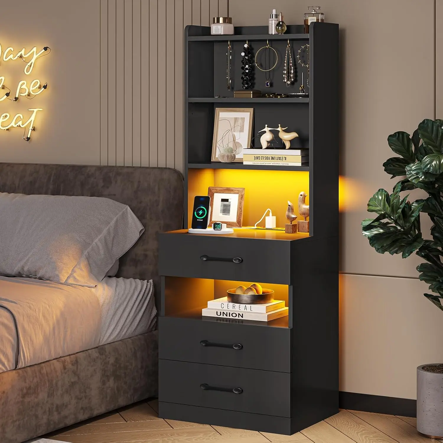VIAGDO Tall Engineered Wood Modern LED Nightstand - 3 Drawers, Charging Station, Bookshelf, Storage, Assembly Guide, Casual Accent Furniture Side Table with Tabletop (Bedroom & Children's Room Use), Side Tables