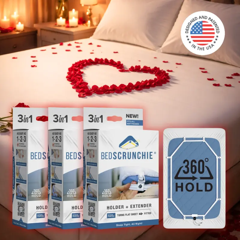 Bed Scrunchie (3-PACK) 3-in-1 Adjustable Bed Sheet Straps & Fasteners – 360° Elastic Fitted Sheet Tightener with Heavy-Duty Anti-Slip Clips – Prevent Loose or Slipping Sheets – Universal Bed Sheet Holder for Deep, Extra-Deep & Adjustable Mattresses
