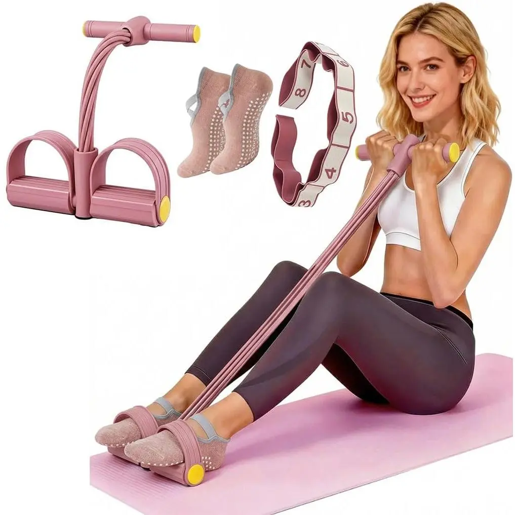Pedal Resistance Bands Set, with 8-Section Elastic Training Bands & Pilates Grip Socks, Fitness Equipment for Women Abdomen, Waist, Arm, Leg