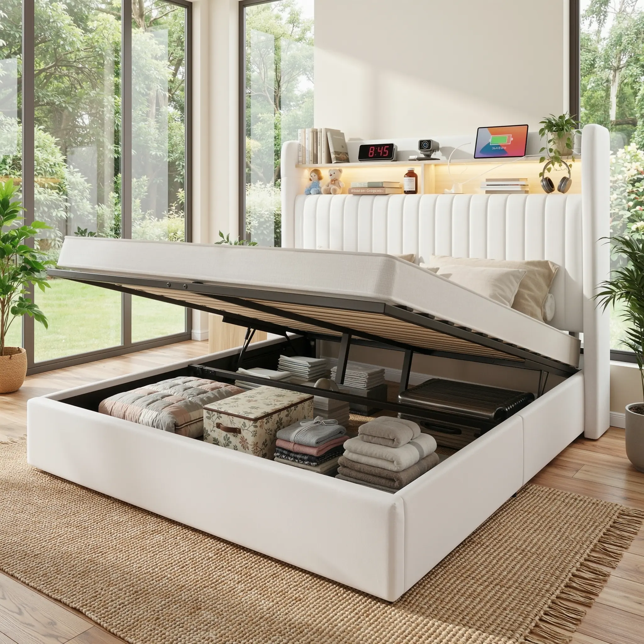 HOOMIC Full Queen King Size Lift Up Storage Bed Frame with Charging Station, Featuring a Storage Shelf Headboard with USB and Type-C Ports, Hydraulic Support, Velvet Upholstery, and No Box Spring Needed, Grey Black White Cream White