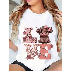 Highland Cow Women's Shirt, Casual Chic - Casual Crew Neck Short Sleeve For Daily Wear, Casual Wear, Seasonal Fashion, Comfortable Material, Party Apparel |   Fun Graphic Shirt |   Comfortable Fit